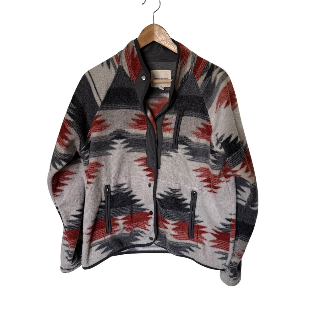 Thread & Supply Fleece Jacket Women Small Gray Rust Excellent Aztec Snap Front